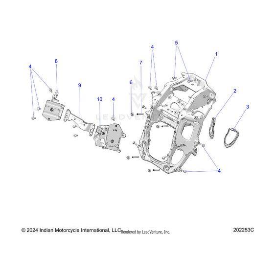 Exploded diagram of motorcycle frame and engine mounting parts labeled 1–10—ideal for identifying Indian Motorcycle or Polaris OEM components such as the Fairing Support E Coat by Polaris.