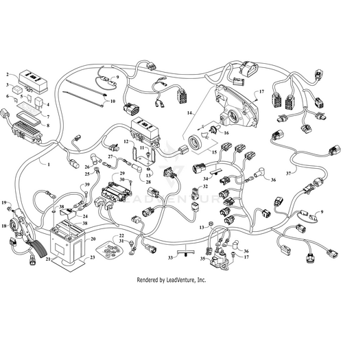 Black-and-white schematic diagram of an automotive wiring harness featuring labeled connectors, switches, and electronic components—ideal for locating OEM parts like the Arctic Cat Headlight Halogen - Assembly (Inc. 15-16) Right in the circuit layout.