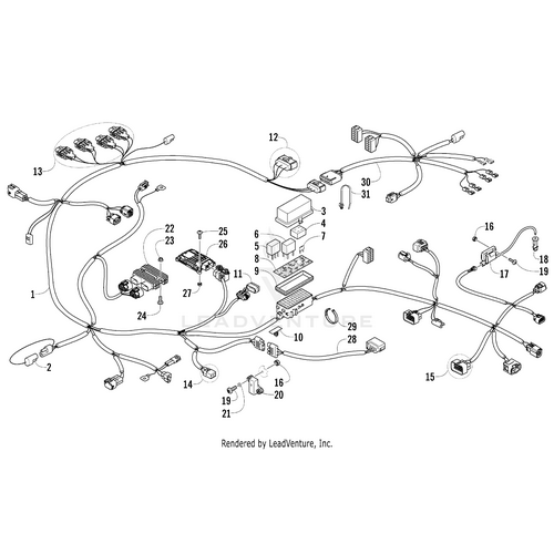 Black and white diagram of Console Harness by Arctic Cat, showing labeled connectors, switches, fuses, and numbered parts—ideal for identifying OEM components or referencing an Arctic Cat harness.
