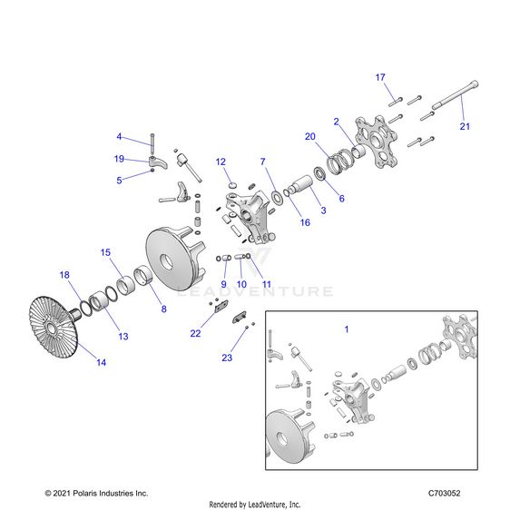 An Image of a Genuine Polaris Parts Schematic Diagram showing the schematic - DRIVE TRAIN: PRIMARY CLUTCH - 2023 POLARIS RZR TURBO R 4 ULTIMATE