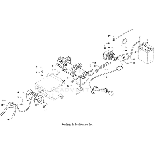 Exploded diagram of the Warn Winch VRX 4500 lbs by Arctic Cat, with numbered and labeled parts like winch motor, control box, battery, cables, wiring, and connection points for easy identification.