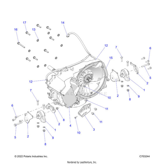 An Image of a Genuine Polaris Parts Schematic Diagram showing the schematic - DRIVE TRAIN: GEARCASE MAIN MOUNTING - 2023 POLARIS RZR PRO R ULTIMATE