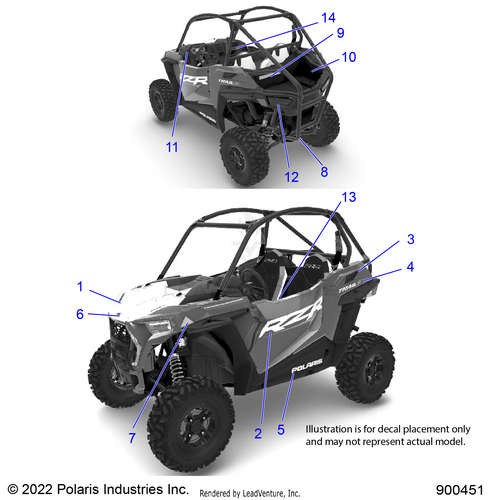 An Image of a Genuine Polaris Parts Schematic Diagram showing the schematic - BODY: DECALS - 2023 POLARIS RZR 900 TRAIL S