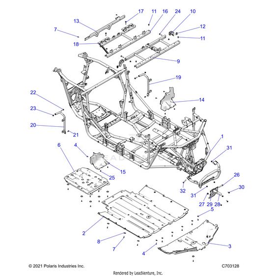 An Image of a Genuine Polaris Parts Schematic Diagram showing the schematic - CHASSIS: MAIN FRAME AND SKID PLATES - 2025 POLARIS RZR XP 4 1000 ULTIMATE