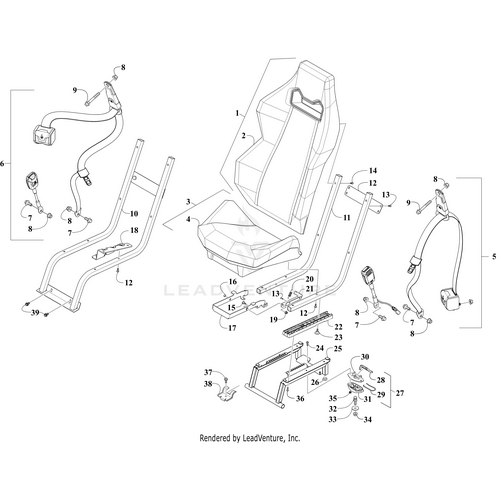 Exploded diagram of a vehicle seat assembly, such as for the Arctic Cat Wildcat, showing numbered parts: seat frame, cushion, Latch-Seat Cover by Arctic Cat, mounting brackets, bolts, and washers. Each part is labeled for easy identification.
