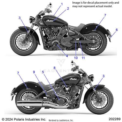 Two black motorcycles, side view, with numbered labels pointing to parts like engine, exhaust, and wheels. Highlighted is the Badge Tank 999 Script Chrome by Polaris—an OEM Indian Motorcycle Badge and genuine Polaris factory-direct component.