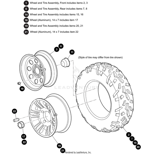 Exploded diagram of the Wheel & Tire Assembly Steel Front (Includes Items 2, 3) for Havoc Models Only by Arctic Cat, showing tire, rim, lug nuts, OEM labeled parts with item numbers; some parts shown detached for clarity.