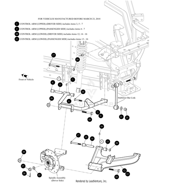 Black and white technical diagram showing the front suspension assembly of an Arctic Cat Wildcat, highlighting the black driver-side Control Arm (Upper) by Arctic Cat, with numbered labels for various OEM parts.