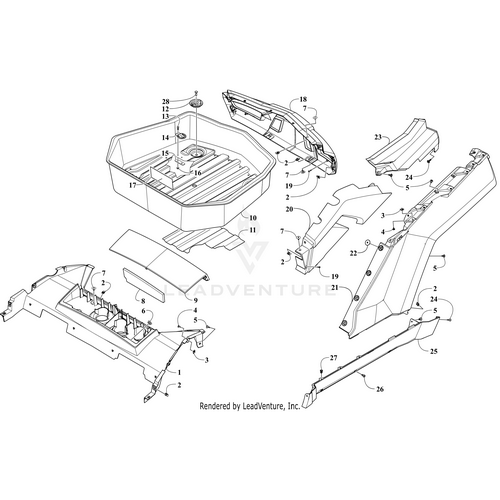 Black-and-white exploded diagram of a vehicle’s rear cargo area shows numbered components—such as trays, panels, covers, and the OEM Rear Fender - Right - Phantom Gray by Arctic Cat—for easy identification.