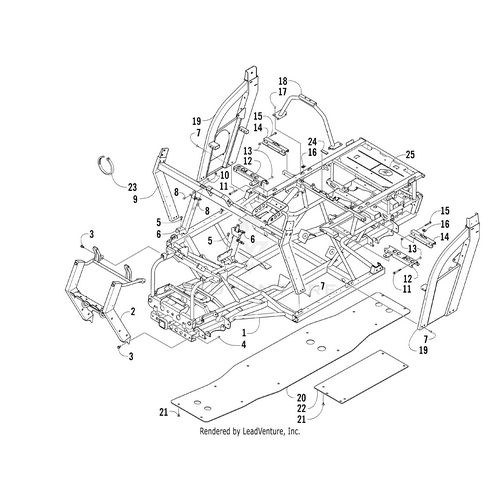 Exploded diagram of a vehicle chassis showing labeled metal frame parts and panels, featuring the Bumper by Arctic Cat among other UTV ATV accessories, to illustrate the structural layout and connection points.