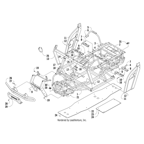 Exploded technical diagram of a vehicle’s frame and chassis, detailing numbered OEM components like the Steering Support by Arctic Cat, with panels and connectors clearly illustrated.