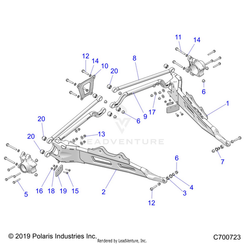 An Image of a Genuine Polaris Parts Schematic Diagram showing the schematic - SUSPENSION: REAR CONTROL ARMS - 2020 POLARIS RZR TURBO S 4 VELOCITY