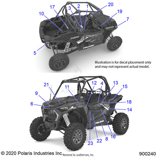 An Image of a Genuine Polaris Parts Schematic Diagram showing the schematic - BODY: DECALS - 2021 POLARIS RZR XP 1000