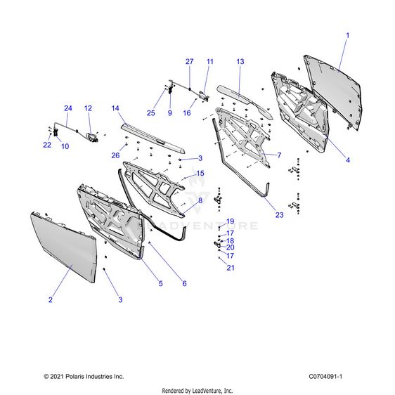 An Image of a Genuine Polaris Parts Schematic Diagram showing the schematic - BODY: DOORS FRONT - 2024 POLARIS RZR XP 4 1000 ULTIMATE