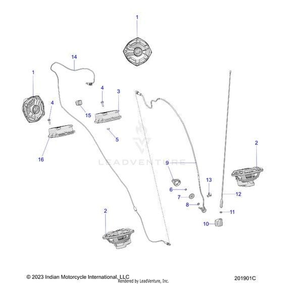 Technical line drawing of the Pwrsply Dsp 4Ch 4Vpp 2.0 by Polaris, featuring labeled components and connectors; contact an Indian Service Rep. for replacement.