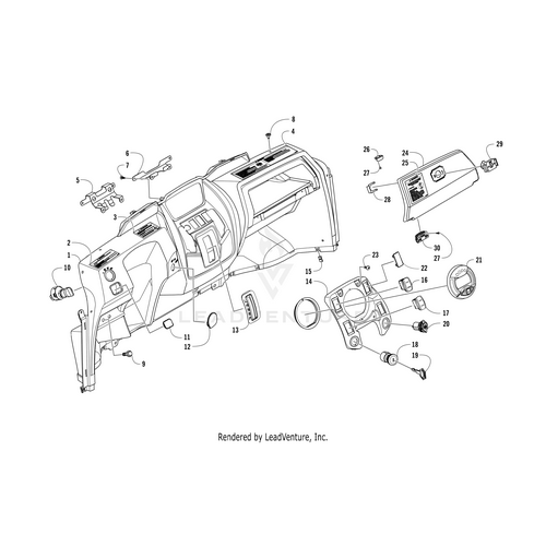 Exploded diagram of a vehicle dashboard assembly with numbered parts, such as panels, switches, knobs, and the Gauge Ps-Iso (017 Prlr 500) by Arctic Cat—arranged to show how everything fits together.
