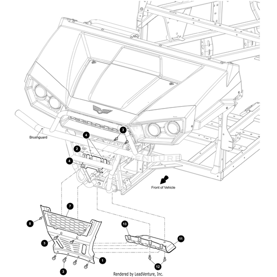 Line drawing of a vehicle front with brushguard, highlighting the removal and installation of the Frame Front Shield Upper Black by Arctic Cat using OEM parts for your Arctic Cat UTV or ATV.