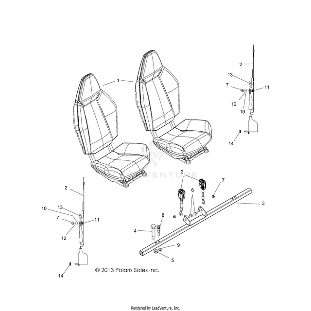 An Image of a Genuine Polaris Parts Schematic Diagram showing the schematic - BODY: SEAT MOUNTING and BELTS - 2015 POLARIS RZR 570