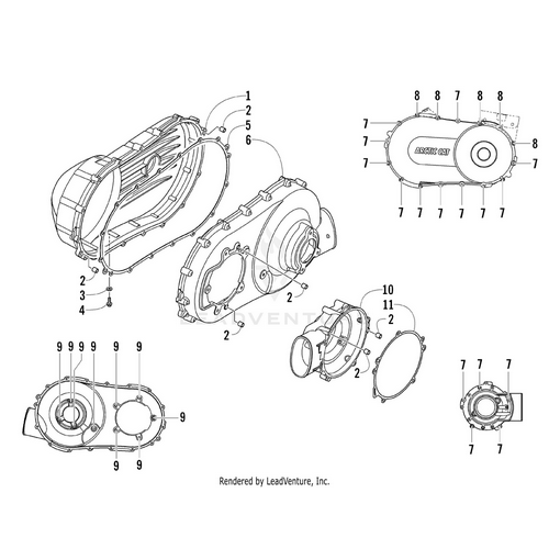 Exploded diagram of a mechanical case assembly featuring labeled parts, including the Clutch Cover Vtwin-Mach by Arctic Cat, bolts, and internal components. Each OEM Arctic Cat part is numbered for easy identification and shown from various angles.