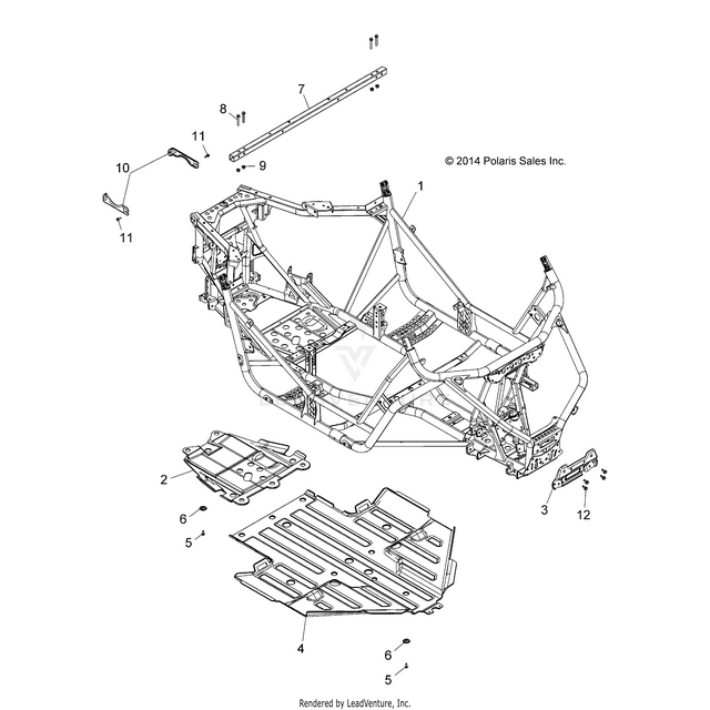 An Image of a Genuine Polaris Parts Schematic Diagram showing the schematic - CHASSIS: MAIN FRAME AND SKID PLATE - 2016 POLARIS RZR 900/900 EPS