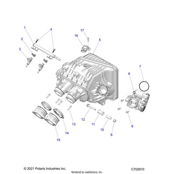 An Image of a Genuine Polaris Parts Schematic Diagram showing the schematic - ENGINE: INTAKE MANIFOLD THROTTLE BODY FUEL RAIL - 2026 POLARIS RZR XP 4 1000 ULTIMATE