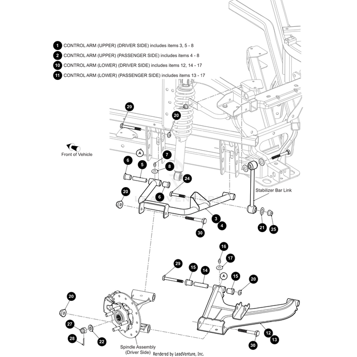Labeled diagram of a vehicle’s front suspension with Arctic Cat A-Arm – Rear Upper-Weld, control arms, stabilizer bar link, spindle assembly, and bolts, all identified by numbered callouts and driver/passenger side indicators.