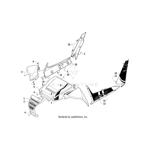 Exploded diagram of Arctic Cat snowmobile body parts, each numbered for easy identification and assembly, highlights the Hood Decal Crest-Tag by Arctic Cat among authentic OEM factory components.