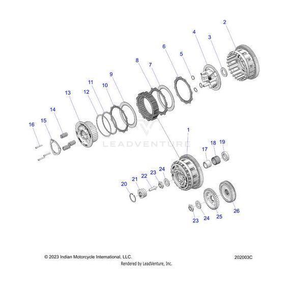 Exploded diagram of a motorcycle clutch assembly with 24 numbered parts, including plates, springs, gears, and fasteners—featuring the Lifter Clutch by Polaris components—arranged sequentially from left to right.
