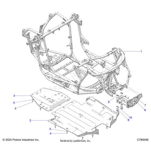 An Image of a Genuine Polaris Parts Schematic Diagram showing the schematic - CHASSIS: MAIN FRAME AND SKID PLATES - 2026 POLARIS RZR PRO XP SPORT