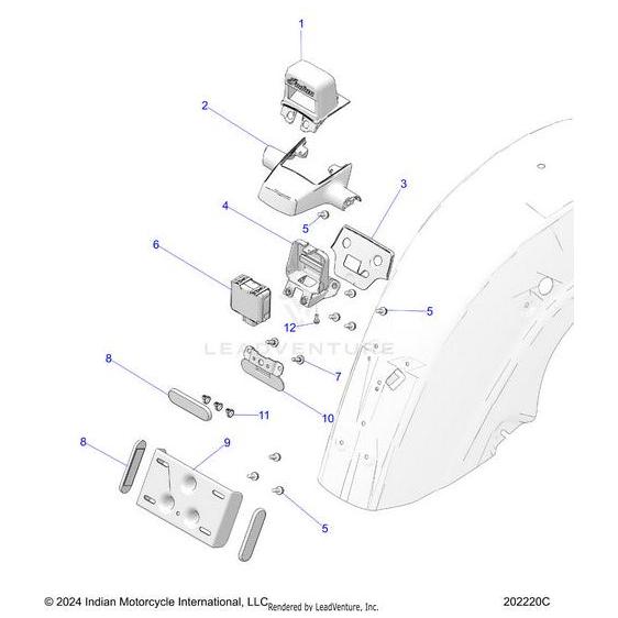 Exploded diagram of a motorcycle rear fender assembly, showing numbered parts like the taillight and the Mount Reflector Mrr by Polaris, with each component separated and labeled for Indian Motorcycle OEM or Polaris factory-direct parts.