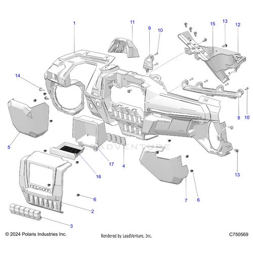 An Image of a Genuine Polaris Parts Schematic Diagram showing the schematic - BODY: DASH LOWER - 2025 POLARIS RZR PRO XP 4 SPORT