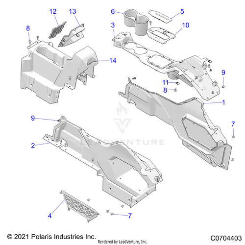 An Image of a Genuine Polaris Parts Schematic Diagram showing the schematic - BODY: CENTER CONSOLE - 2021 POLARIS RZR PRO XP 4 SPORT