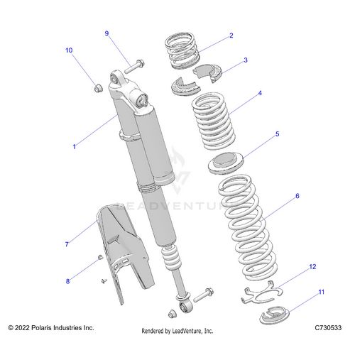 An Image of a Genuine Polaris Parts Schematic Diagram showing the schematic - SUSPENSION: REAR SHOCK MOUNTING STANDARD/PREMIUM - 2023 POLARIS RZR PRO XP 4 SPORT