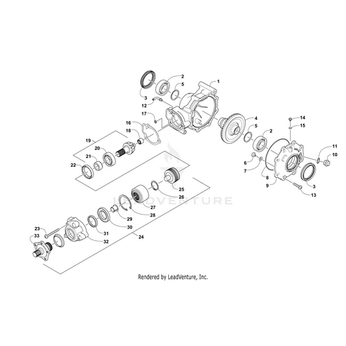Exploded diagram of a mechanical assembly with numbered components—gears, seals, bolts, and the Gearcase Housing by Arctic Cat—arranged in order for OEM part identification.