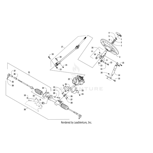 Exploded diagram of an Arctic Cat UTV/ATV steering system, featuring the wheel, column, Intermediate Shaft Steering (Ps) by Arctic Cat, joints, linkages, and rack-and-pinion—each part labeled with its OEM Arctic Cat number.