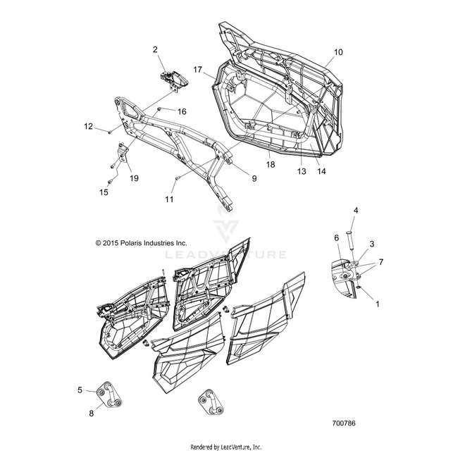An Image of a Genuine Polaris Parts Schematic Diagram showing the schematic - BODY: DOORS FRONT - 2017 POLARIS RZR XP 4 1000