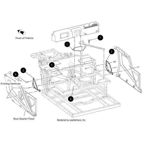 Line drawing displays installation points for the Cover Seat Belt Anchor Left by Arctic Cat and existing hardware on the rear quarter panel, with front indicated—ideal for installing OEM parts or Arctic Cat Wildcat accessories.