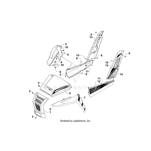 Exploded diagram shows numbered body panels and parts—such as side covers, fenders, and grills—for easy ID and assembly with OEM Arctic Cat parts. Ideal for restoring your Arctic Cat Wildcat or adding the Crest Decal (Vr) by Arctic Cat.