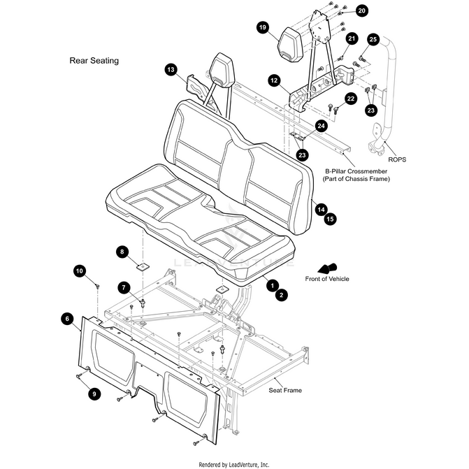 Exploded diagram of a vehicle’s rear seating assembly, featuring the Seatback Support Right Text Black-Weld by Arctic Cat and other OEM parts, with numbered labels and directional arrows—perfect for Arctic Cat Wildcat models.
