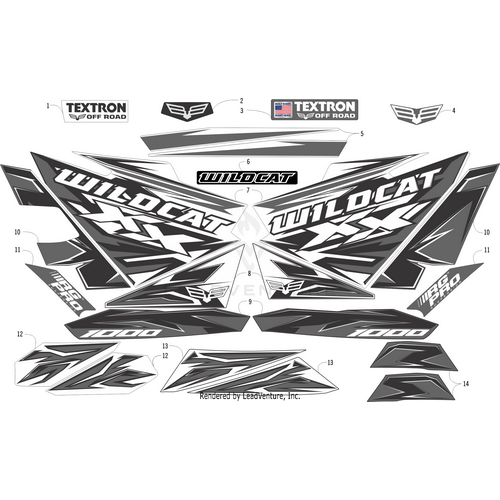 A black, white, and gray Rear Center Decal (Textron Off Road) by Arctic Cat featuring bold text, geometric patterns, and logos like 1000 and MOTOR PRO—perfect as an OEM Wildcat XX accent.