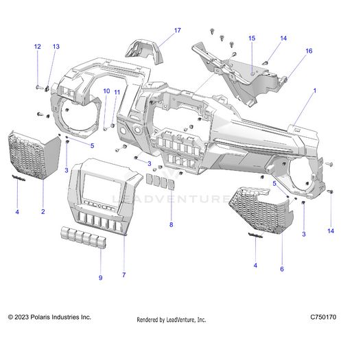 An Image of a Genuine Polaris Parts Schematic Diagram showing the schematic - BODY: DASH LOWER - 2025 POLARIS RZR PRO XP 4 ULTIMATE
