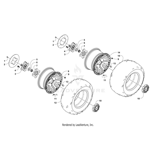 Exploded diagram displays assembly of two off-road tires, rims, bolts, hub components, and washers—each part numbered—for use with Rear Wheel - (Inc. 9-10) by Arctic Cat and compatible OEM UTV parts.