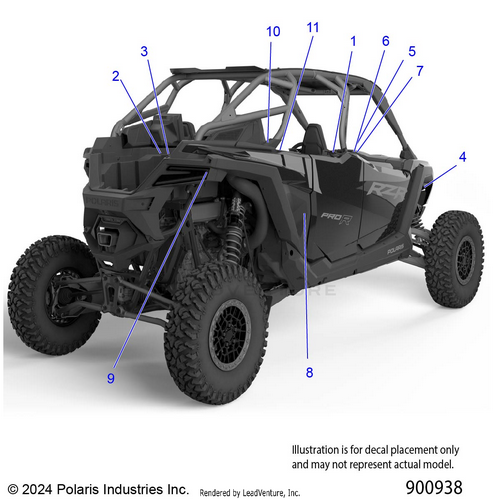 An Image of a Genuine Polaris Parts Schematic Diagram showing the schematic - BODY: DECALS STANDARD - 2025 POLARIS RZR PRO R 4 ULTIMATE