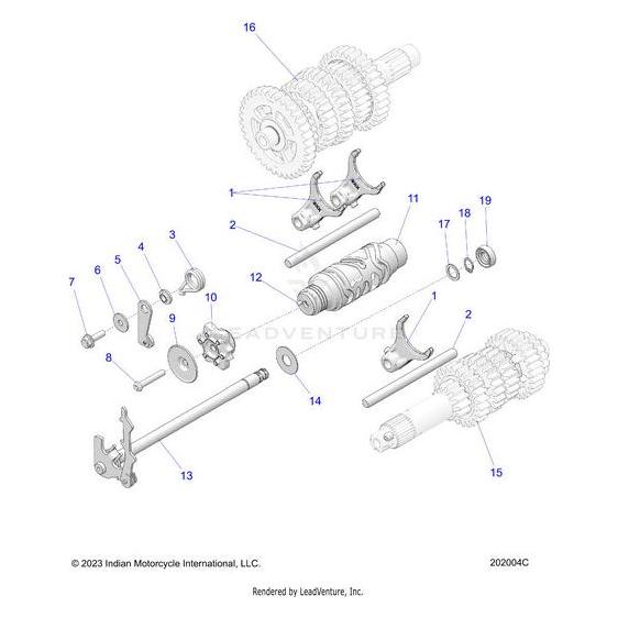 Exploded diagram of the Star Shifter by Polaris transmission assembly with 16 labeled parts—gears, shafts, levers, and more—each separated for easy identification, perfect for referencing Polaris OEM components.