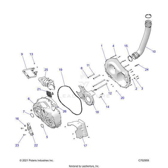 An Image of a Genuine Polaris Parts Schematic Diagram showing the schematic - DRIVE TRAIN: CLUTCH COVER AND DUCTING - 2022 POLARIS RZR PRO XP 4 ULTIMATE