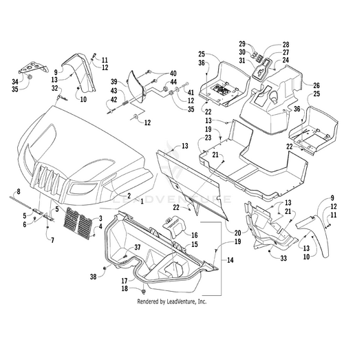 Exploded diagram of an ATV front cargo box assembly, highlighting labeled parts—such as the Arctic Cat Hood - Silver - (Inc. 2)—with numbered callouts for OEM Arctic Cat components compatible with Wildcat, Prowler, and Alterra models.