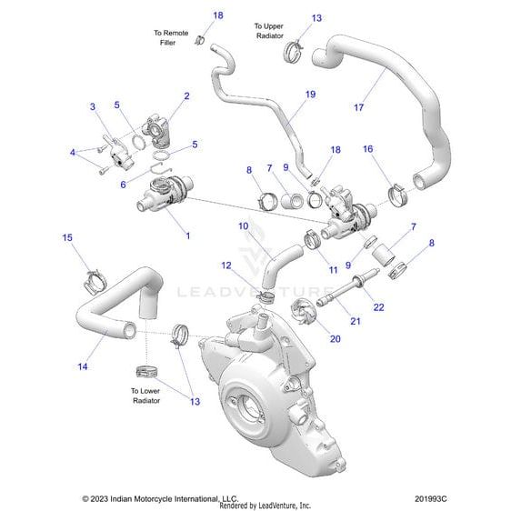 Exploded diagram of a motorcycle engine cooling system, highlighting hoses, clamps, fittings, and water pump—all numbered for easy ID. Features the Hose Coolant Bypass by Polaris for precise OEM parts matching with authentic factory-direct components.