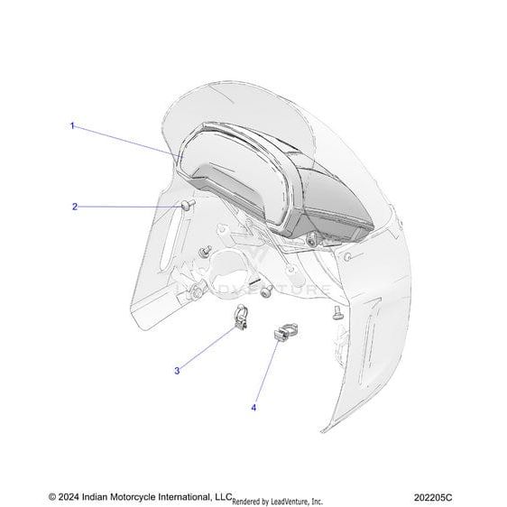Technical diagram of Cruiser Audio 1 by Polaris, showing four numbered parts with arrows. The semi-transparent illustration is labeled for assembly reference, highlighting Genuine Indian Motorcycle components and Polaris OEM Parts.