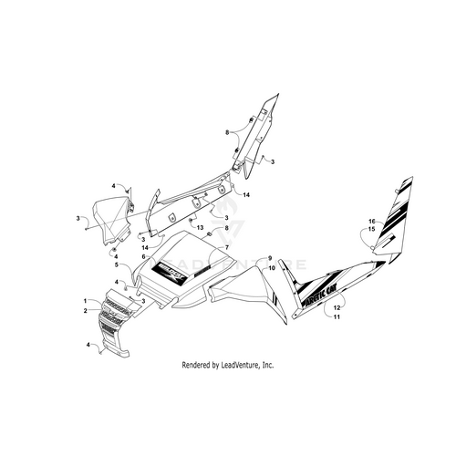 Exploded diagram of an Arctic Cat Wildcat showing numbered parts, such as the Front Fender - Right - Tan by Arctic Cat, hood, and other OEM components, all arranged separately to illustrate assembly placement.