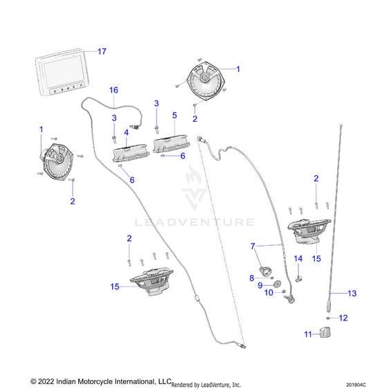 Diagram of the Pwrsply Dsp 4Ch 4Vpp V2 audio system, showing numbered speakers, wiring, connectors, brackets, and display—featuring genuine Polaris OEM parts for accurate Indian Motorcycle factory identification.